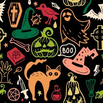 Bright seamless pattern of horror Halloween hand drawn doodle elements. Illustrazione stock