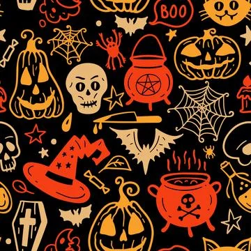 Bright seamless pattern of horror Halloween hand drawn doodle elements. Stock Illustration