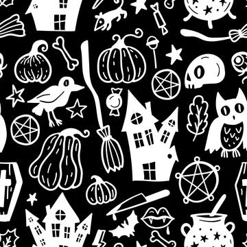 Bright seamless pattern of horror Halloween hand drawn doodle elements. イラスト素材