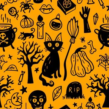 Bright seamless pattern of horror Halloween hand drawn doodle elements. Stock Illustration