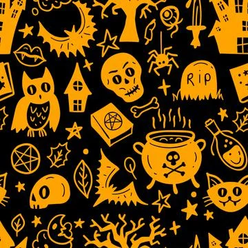Bright seamless pattern of horror Halloween hand drawn doodle elements. Stock Illustration