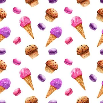 Bright seamless pattern with ice cream, muffins and macarons Illustrazione stock