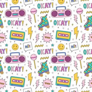 Bright seamless pattern with items from the nineties Illustrazione stock