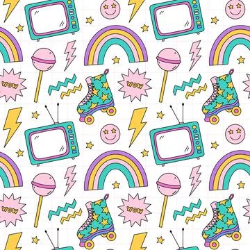 Bright seamless pattern with items from the nineties 库存插图