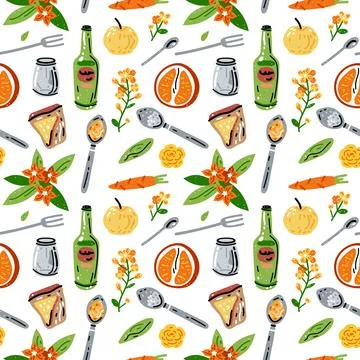 Bright seamless pattern for kitchen design, for the menu of restaurants, Illustrazione stock