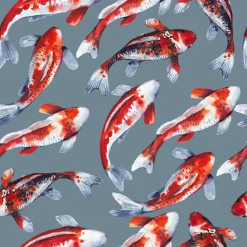 Bright seamless pattern with koi fish watercolor elements. Background in Illustrazione stock