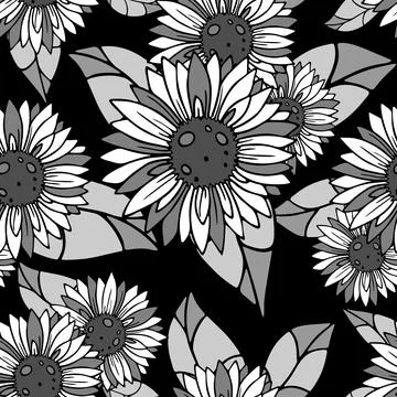 Bright seamless pattern of large gray-white inflorescences on a black Stock Illustration