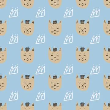 Bright seamless pattern with little cat faces and white outline crowns. Print Stock Illustration