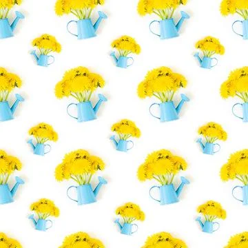 Bright seamless pattern made with bouquet of yellow flowers in blue watering  Stock Photos