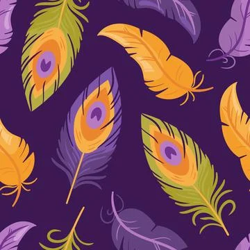 Bright seamless pattern of multi colored peacock and parrot feathers in boho 스톡 일러스트