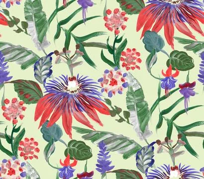 Bright seamless pattern with multicolored tropical flowers and leaves on a green Stock Illustration