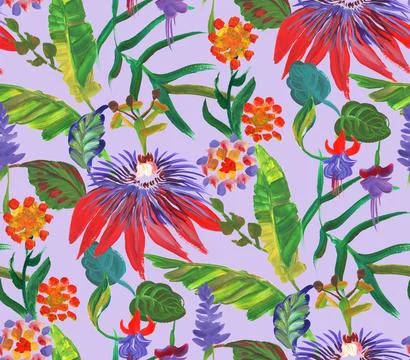 Bright seamless pattern with multicolored tropical flowers and leaves on a Stock Illustration