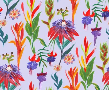 Bright seamless pattern with multicolored tropical flowers and leaves Illustrazione stock