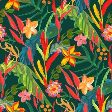 Bright seamless pattern with multicolored tropical flowers and leaves on a green Stock Illustration