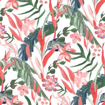 Bright seamless pattern with multicolored tropical flowers and leaves on a green Stock Illustration