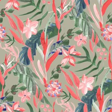 Bright seamless pattern with multicolored tropical flowers and leaves on a green Stock Illustration