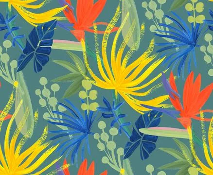 Bright seamless pattern with multicolored tropical flowers and leaves Stock Illustration