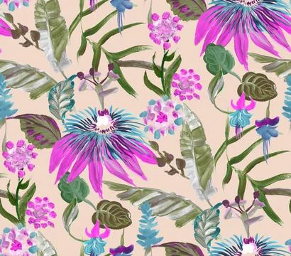 Bright seamless pattern with multicolored tropical flowers and leaves on a beige Illustrazione stock