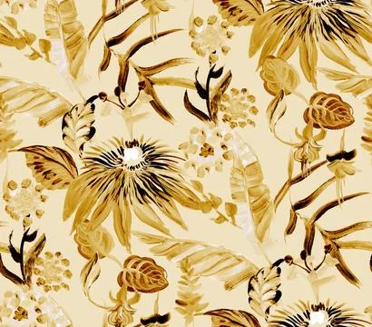 Bright seamless pattern with multicolored tropical flowers and leaves on a green Illustrazione stock