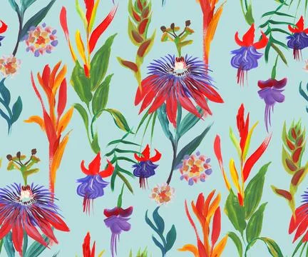 Bright seamless pattern with multicolored tropical flowers and leaves Stock Illustration