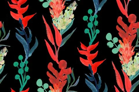 Bright seamless pattern with multicolored tropical flowers and leaves on a black イラスト素材