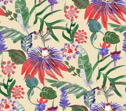 Bright seamless pattern with multicolored tropical flowers and leaves on a beige Illustrazione stock