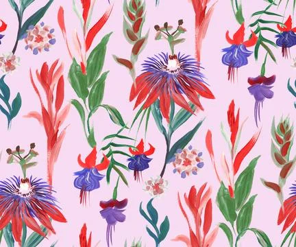 Bright seamless pattern with multicolored tropical flowers and leaves Stock Illustration