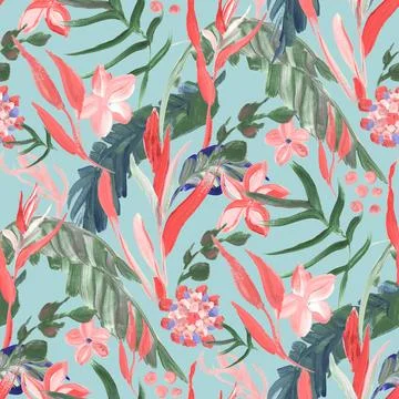 Bright seamless pattern with multicolored tropical flowers and leaves on a green Stock Illustration
