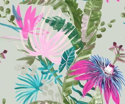 Bright seamless pattern with multicolored tropical flowers and leaves painted in Stock Illustration