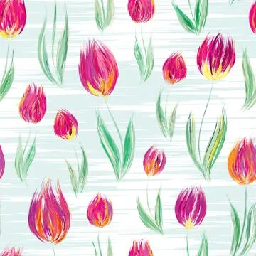 Bright seamless pattern with oil painted rose tulip flowers, design elements Stock Illustration