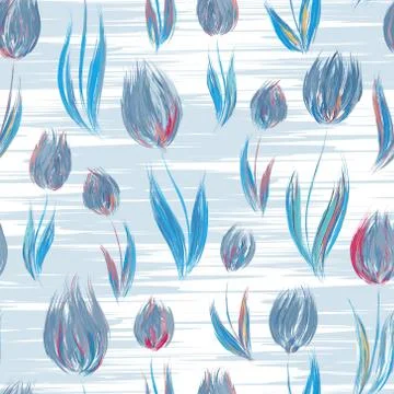 Bright seamless pattern with oil painted rose tulip flowers, design elements 스톡 일러스트