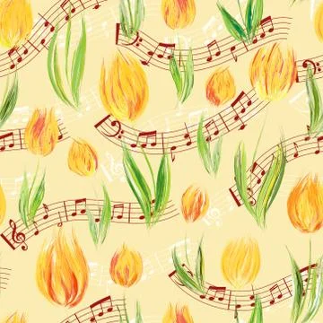 Bright seamless pattern with oil painted yellow tulip flowers end notes Illustrazione stock