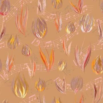 Bright seamless pattern with oil painted orange lilac tulip flowers end notes 스톡 일러스트