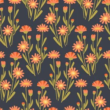 Bright seamless pattern with orange dandelion wildflowers on dark background Stock Illustration