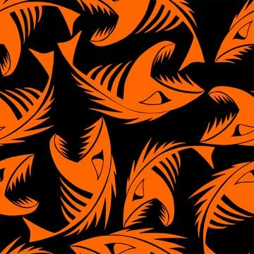 Bright seamless pattern of orange graphic fish skeletons on a black Illustrazione stock