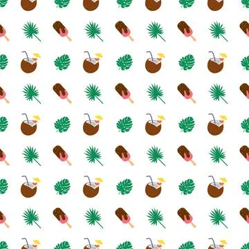 Bright seamless pattern with palm leaves, ice cream and coconuts Stock Illustration