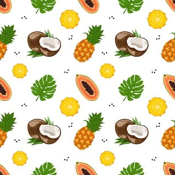 Bright seamless pattern with papaya, coconut and pineapple Stock Illustration