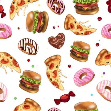 Bright seamless pattern with pepperoni pizza, burgers, chocolate, donuts. On Stock Illustration