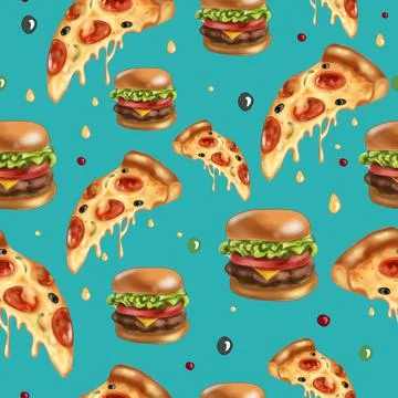 Bright seamless pattern with pepperoni pizza, burgers. On green background. N Stock Illustration
