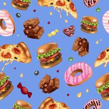 Bright seamless pattern with pepperoni pizza, burgers, chocolate, donuts. Blu Stockillustratie