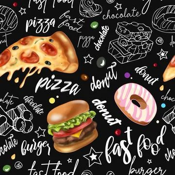 Bright seamless pattern pepperoni pizza, burgers, chocolate, donut, lettering Stock Illustration
