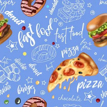 Bright seamless pattern pepperoni pizza, burgers, chocolate, donut, lettering Stock Illustration
