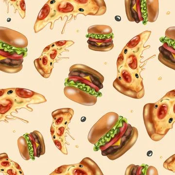 Bright seamless pattern with pepperoni pizza, burgers. On beige background. No Stock Illustration