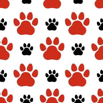 Bright seamless pattern with pet footprints. Red and black paw prints. Vector Stock Illustration