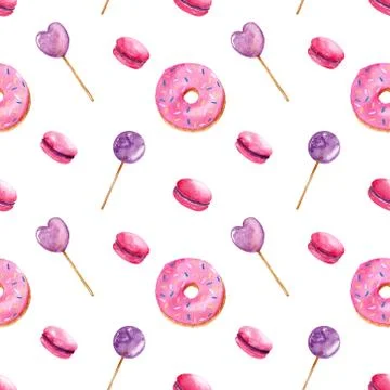 Bright seamless pattern with pink and purple donuts, lollipops and macarons Illustrazione stock