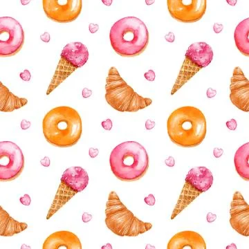Bright seamless pattern with pink donuts, ice cream, croissants and candy 스톡 일러스트