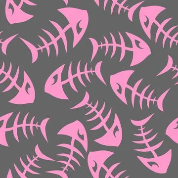 Bright seamless pattern of pink graphic fish skeletons on a gray background Stock Illustration