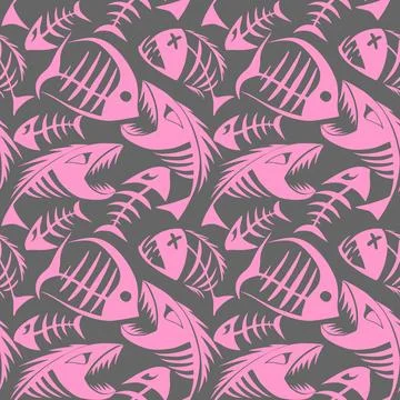 Bright seamless pattern of pink graphic fish skeletons on a gray background Illustrazione stock