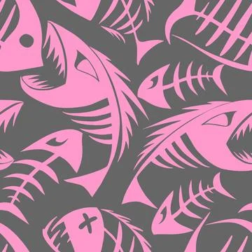 Bright seamless pattern of pink graphic fish skeletons on a gray background.. Illustrazione stock