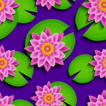Bright seamless pattern with pink lotus and leaf Stock Illustration